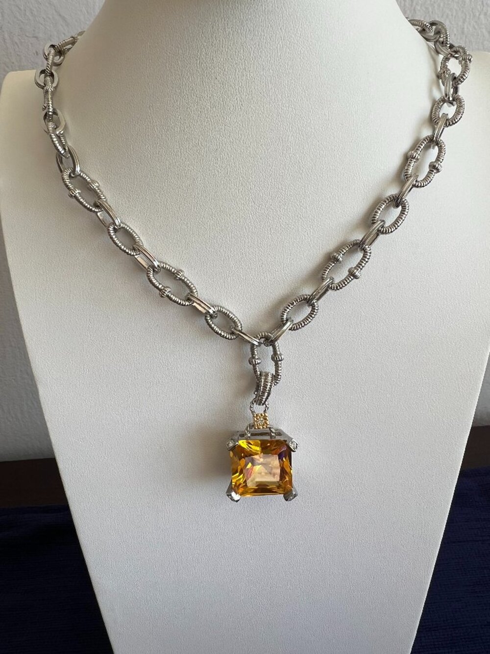 Runway Statement Silver Tone Necklace Golden Faceted Glass Pendant